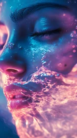 Neon water caresses a dreaming face in liquid starlight