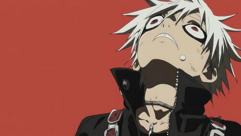 Anime close-up portrait in stark red minimalist backdrop.