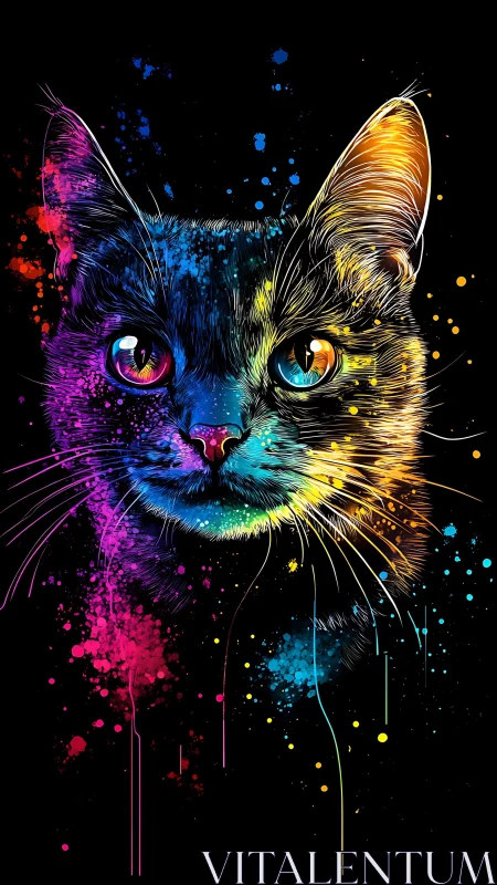 Vibrant Rainbow Cat Portrait with Neon Splashes