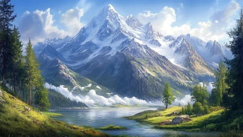 Snow-covered mountain range above alpine lake landscape.