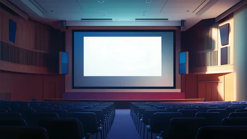 Empty modern cinema auditorium with illuminated blank screen