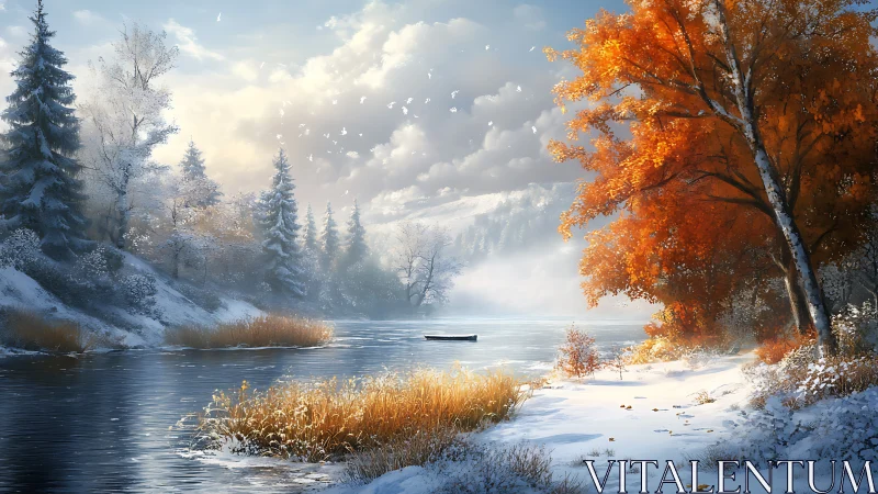 Transitional riparian valley with autumn-snow chromatic contrast.