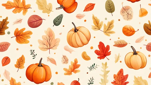 Playful pumpkins and autumn leaves dance across cream background