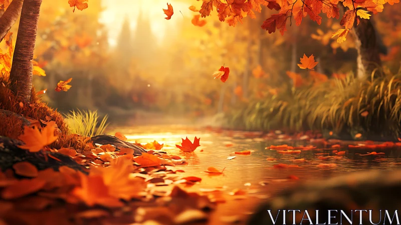 Golden autumn leaves drift gently over a glowing forest creek.