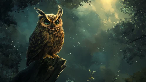 Majestic Owl on Tree Branch in Enchanted Forest, Digital Art.