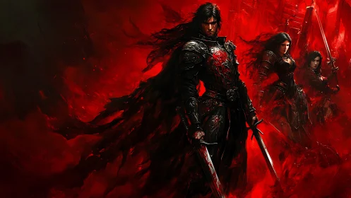 Crimson storm crowns three dark knights in molten battlelight