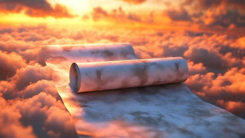 Marble scroll unfurling across cloudscape in warm sunset light