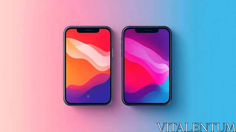Two iPhones with vibrant gradient wallpapers on pastel backdrop.