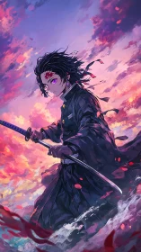 Sword-wielding anime character stands in stylized seascape sky