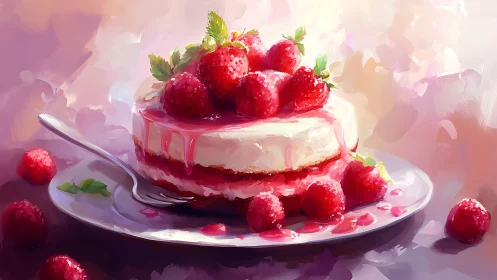 Layered Cheesecake with Raspberries on Plate.