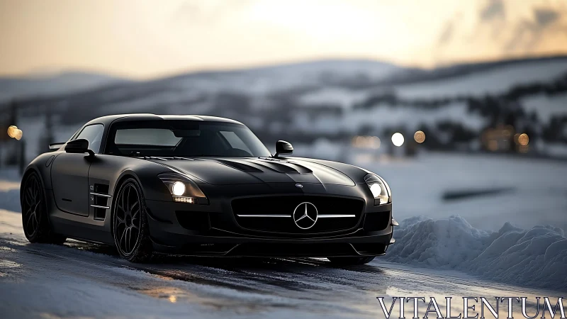 Black sports coupe is parked on an icy road at dusk