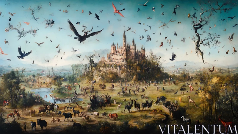 Enchanted citadel amid teeming bestiary and swirling skies.