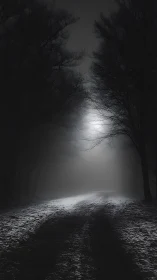 Moonlit forest path glows softly through mist and shadow