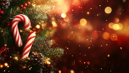 Candy canes hang on Christmas tree with glowing holiday bokeh