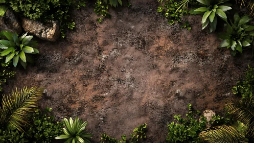 Aerial topographical composition: weathered earth substrate with organic perimeter vegetation framin