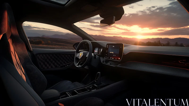Sporty car cockpit glows with sunset-lit driving ambience