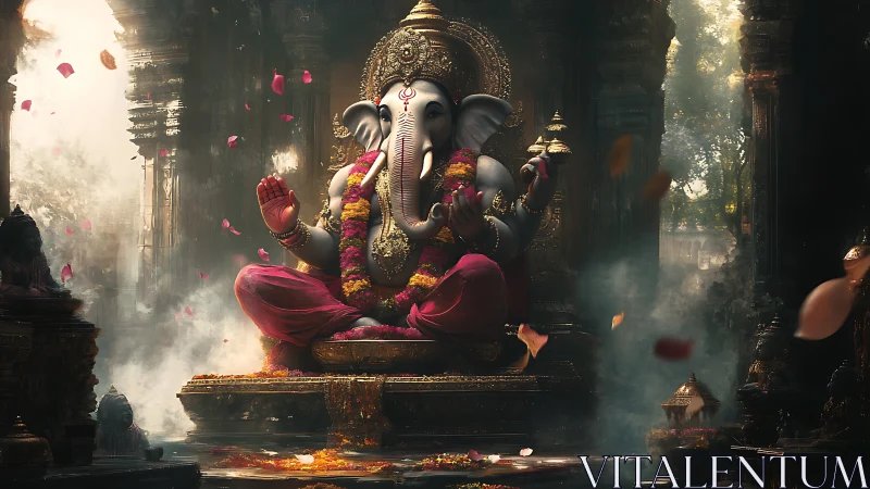 Divine Ganesha idol glows amid petals in misty temple hall.