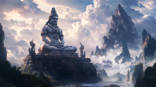 Monumental mountain statue of meditating deity in clouds.