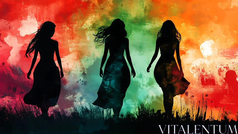 Silhouettes of Three Women Walking in Vibrant Watercolor Style.