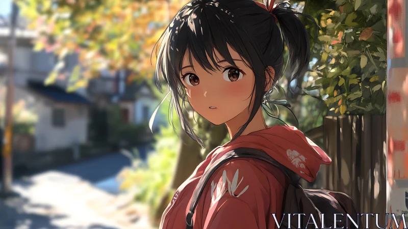 Anime girl with backpack walking through sunlit street.