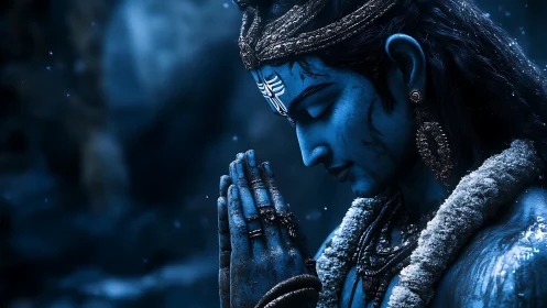 Digital painting of blue deity in meditative prayer profile.