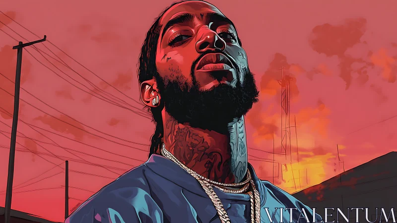 Low-angle urban portrait with sunset gradient sky and power lines.