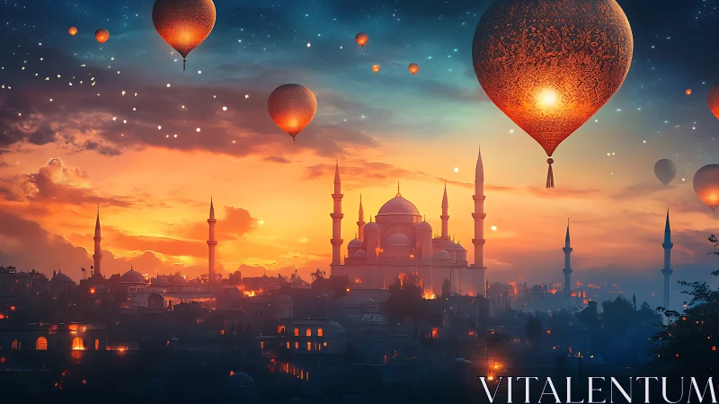 Sunset mosque skyline under glowing patterned balloons.