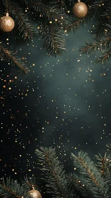 Glitter ornaments on fir branches with dark bokeh background.