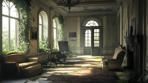Sunlit abandoned parlor gently reclaimed by trailing greenery