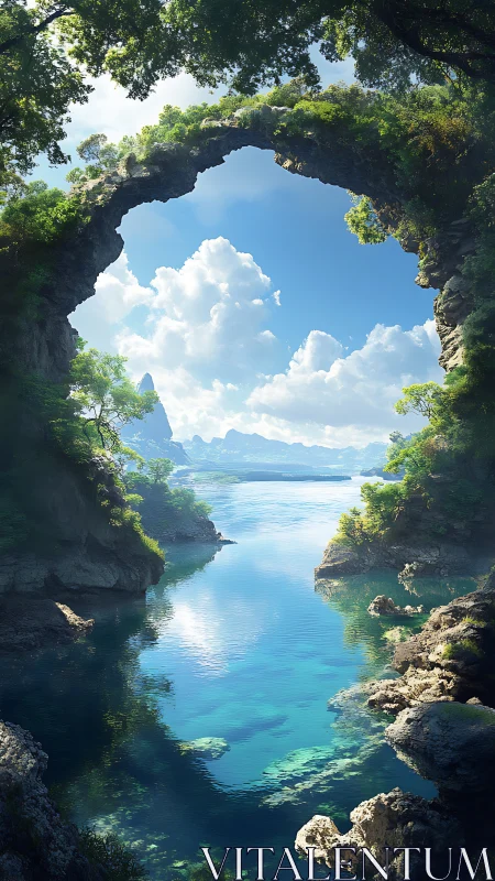 Rock arch over clear river channel with distant mountains.