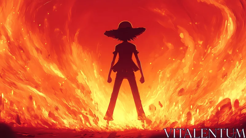Silhouetted Figure with Wide-Brimmed Hat Standing in Intense Inferno Background
