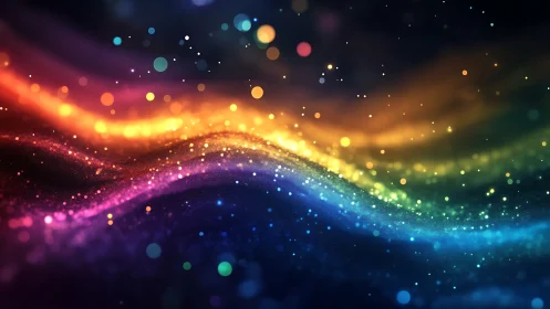 Radiant rainbow light waves drift across a starry cosmic field