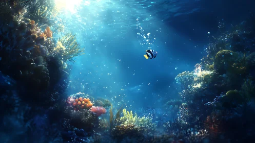 Solitary reef fish drifts through sunlit, tranquil ocean blue