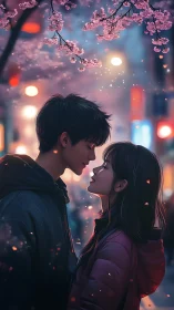 Cherry blossoms hover as city lights cradle a quiet kiss