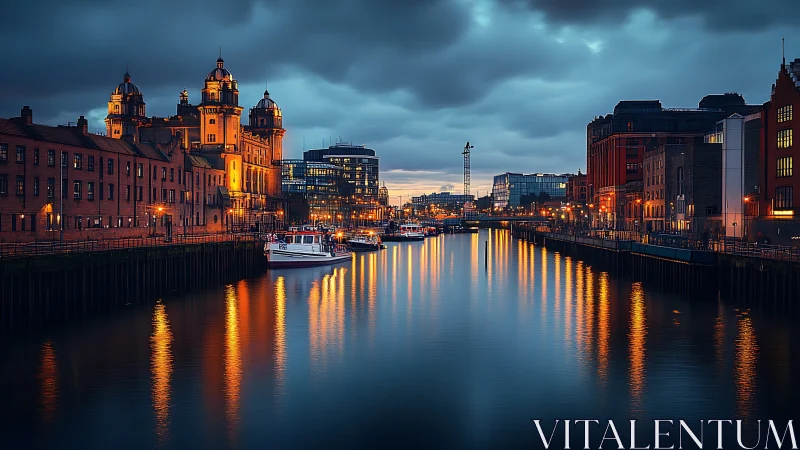 Harbor city canal glows under dramatic twilight sky.