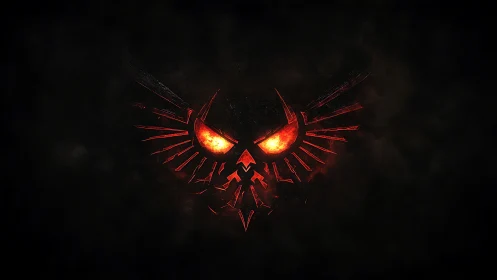 Red stylized skull emblem with glowing eyes on dark field.