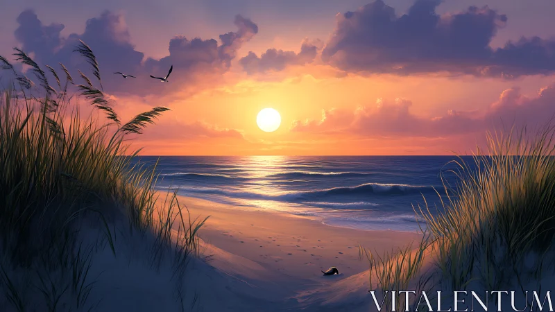 Sunset over quiet sandy beach framed by tall dune grass.