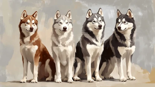 Digital painting study of four Siberian huskies in lineup form.