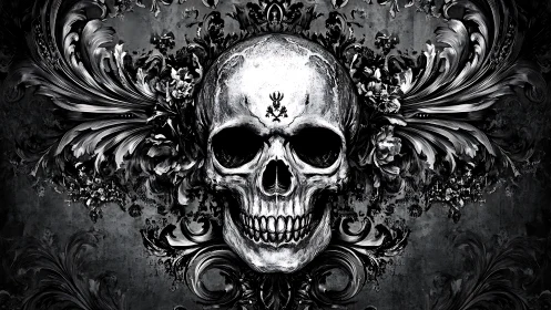 Baroque skull blooms in gothic monochrome midnight flourish.