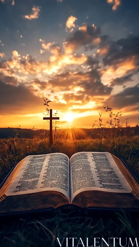Open Bible on grass with wooden cross at dramatic sunset sky.