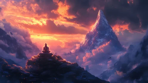 Meditating figure under blazing mountain sunrise sky.