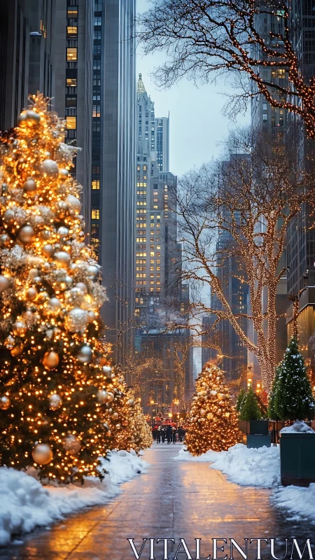 Luminous holiday trees lining a snowy city avenue at dusk.