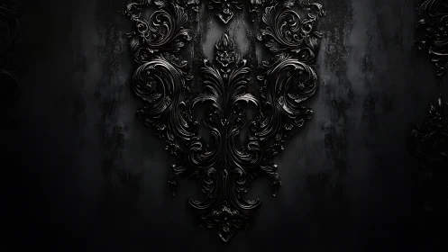 Baroque black ornamental relief on distressed dark wall.