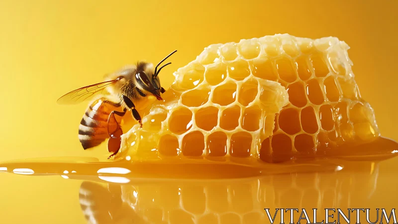 Honeybee harvesting nectar on glistening honeycomb macro study