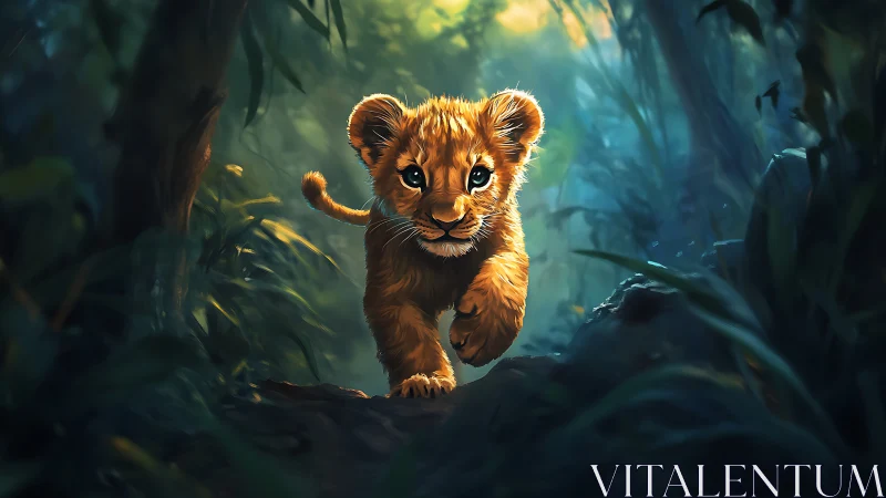 Brave lion cub pads through a glowing, enchanted jungle path