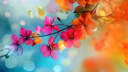 Vibrant Floral Branches Against Soft Blue Bokeh Background.