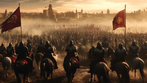 Late-medieval cavalry formation confronts massed infantry before citadel