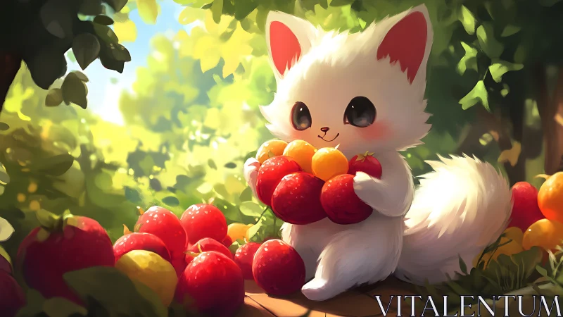 Cute white fox creature holding colorful fruit outdoors.