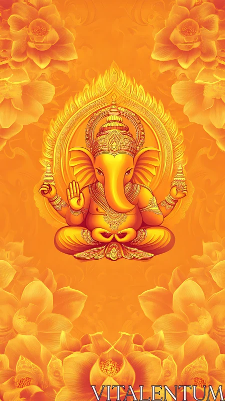 Golden Ganesha illustration sits centered amid lotus motifs
