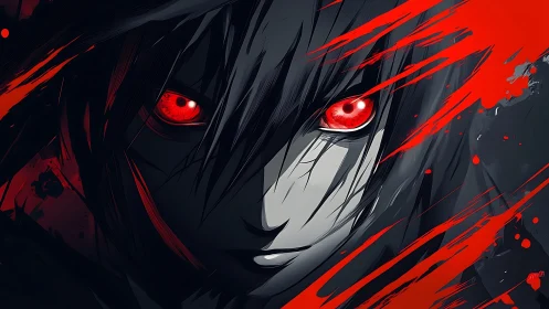 Bloodlit stare of a shadowed avenger in crimson shards.